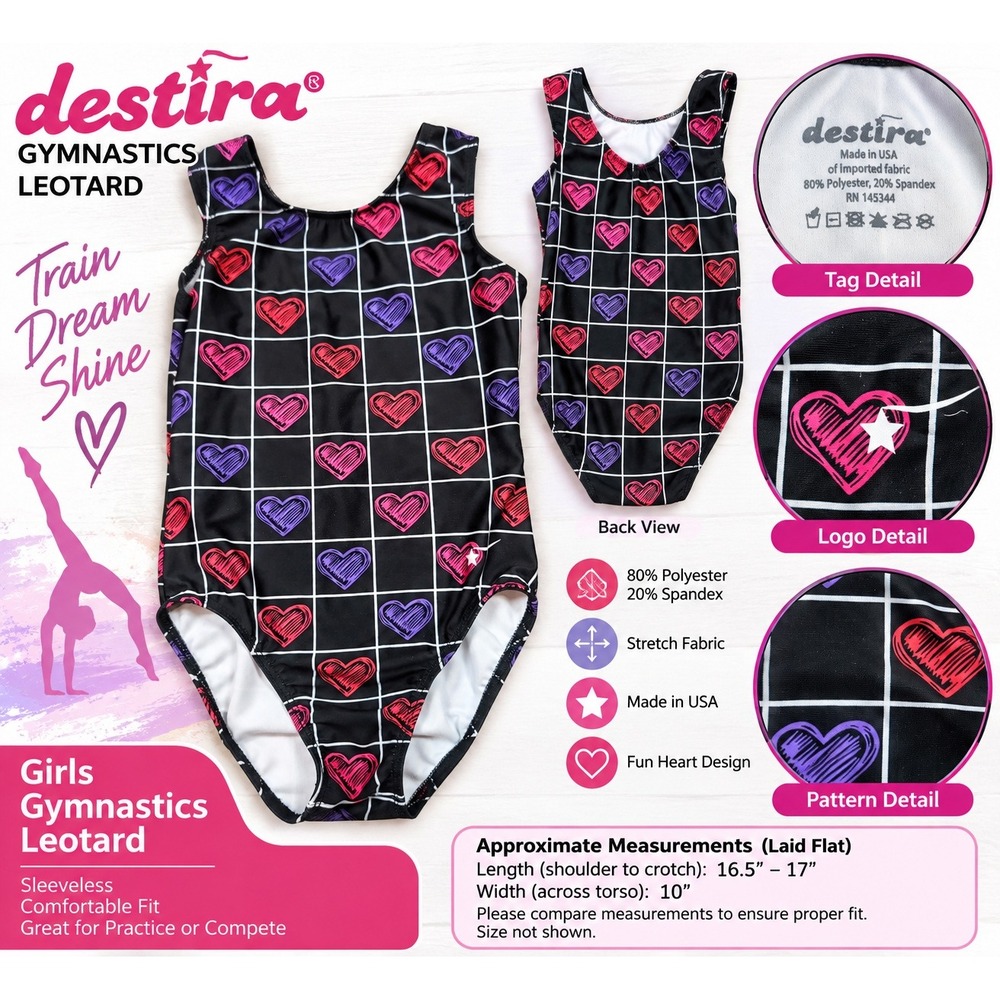 Destira Girls Gymnastics Leotard Black Pink Purple Heart Grid Sleeveless Tank